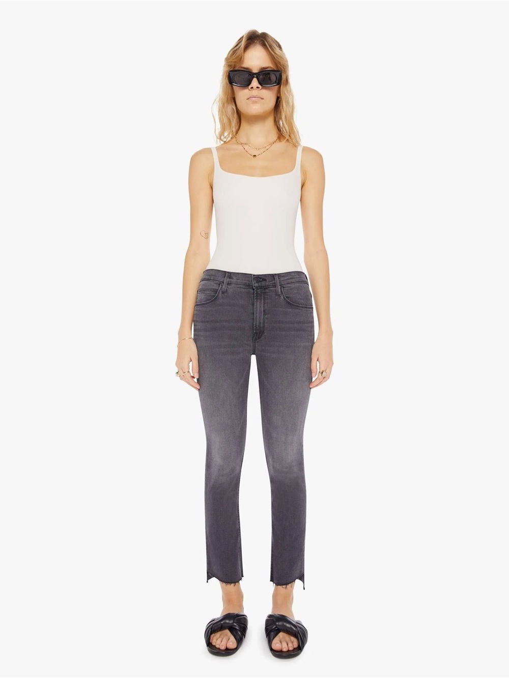Mother Mid Rise Dazzler Ankle Step Fray Jeans Lighting Up Lanterns Grey Denim 27
